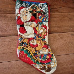 Vintage Quilted Christmas Stocking 19" Santa Elves Toys Cotton Gift Bag Hanging